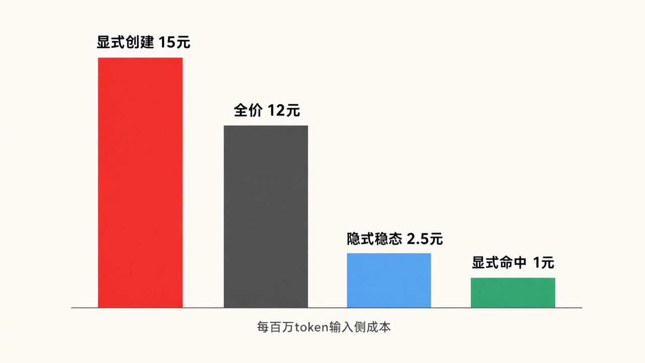 四档输入侧成本柱状图：显式创建 15 元是最高的红色柱，全价 12 元是灰色柱，隐式稳态 2.5 元是较矮的蓝色柱，显式命中 1 元是最矮的绿色柱