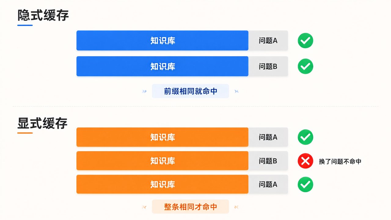 命中判定对比：隐式缓存只要知识库前缀匹配就命中，无论问题怎么换；显式缓存只在完整请求逐字节一致时才命中，换了问题不命中，原样重发才命中