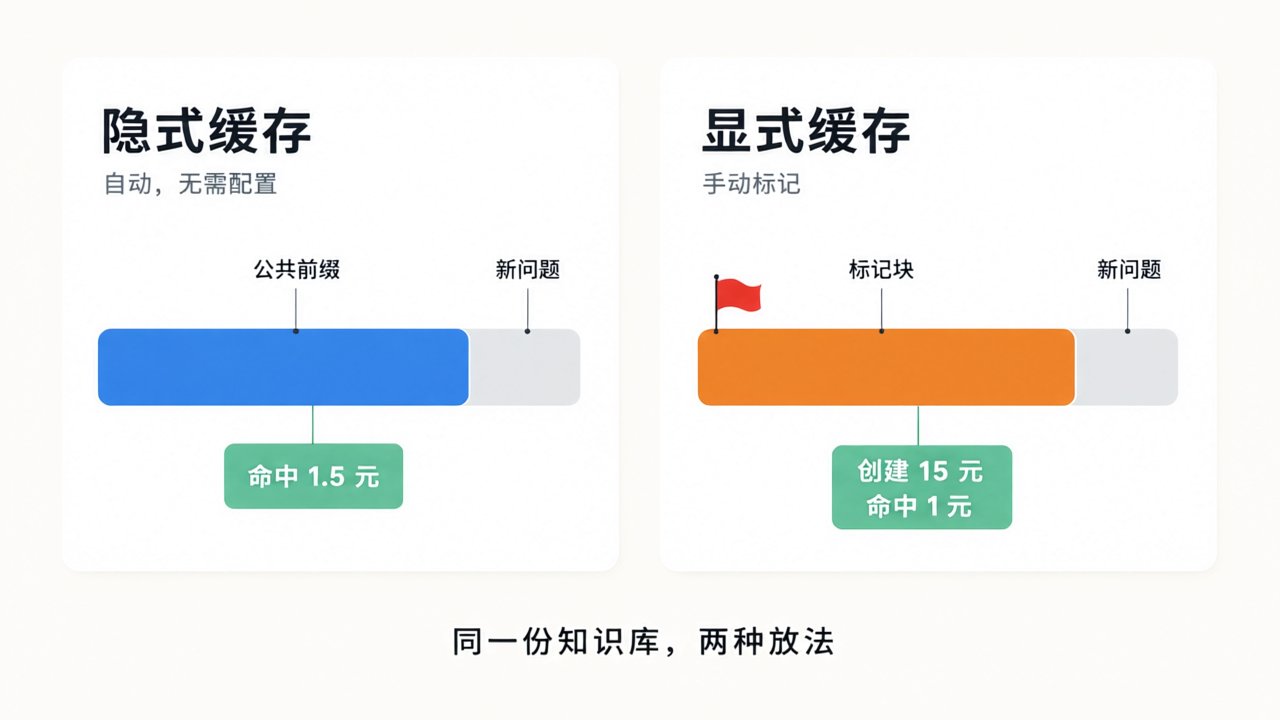 两种缓存机制对比：隐式缓存自动匹配消息的公共前缀，无需配置，命中按每百万 1.5 元计费；显式缓存需要在知识库块上手动挂 cache_control 标记，创建按每百万 15 元计费，命中按 1 元计费